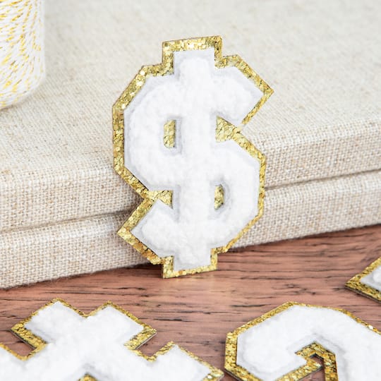 2.25" White Chenille & Gold Glitter Edge Number Iron-On & Adhesive Patch by Make Market